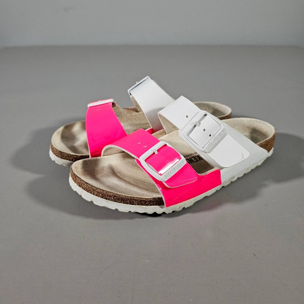 Birkenstock Arizona Sandals Womens 39 Pink White Neon Patent Double Strap Slide